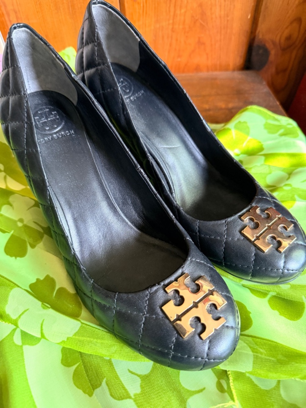 Tory Burch Black Quilted Leather Wedge Gold Logo